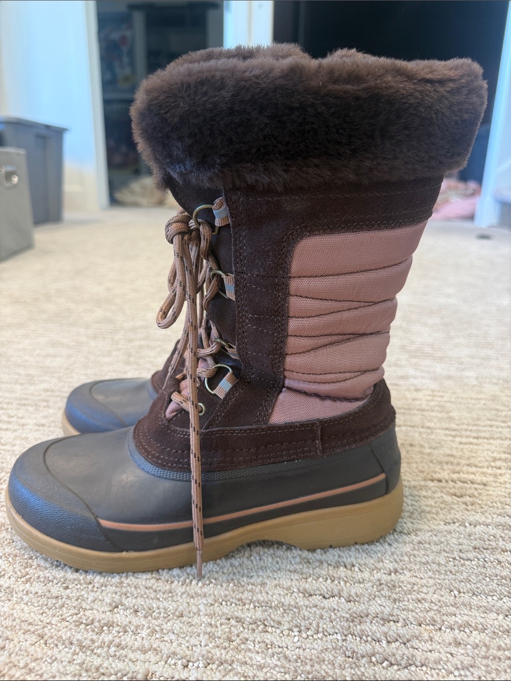 Lands' End Brown and Tan Women's Lace-Up Fur-Trim Winter Boots